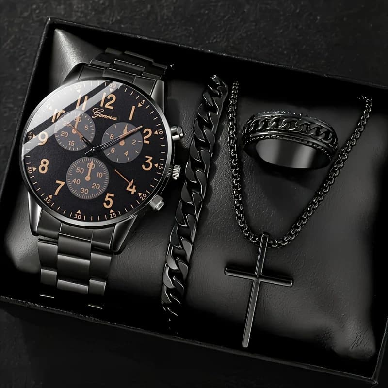 Cross-border popular watch set fake three-eye watch men's steel band glass quartz watch business high-end men's watch 8