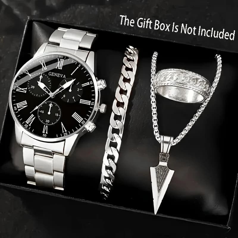 Cross-border popular watch set fake three-eye watch men's steel band glass quartz watch business high-end men's watch 10