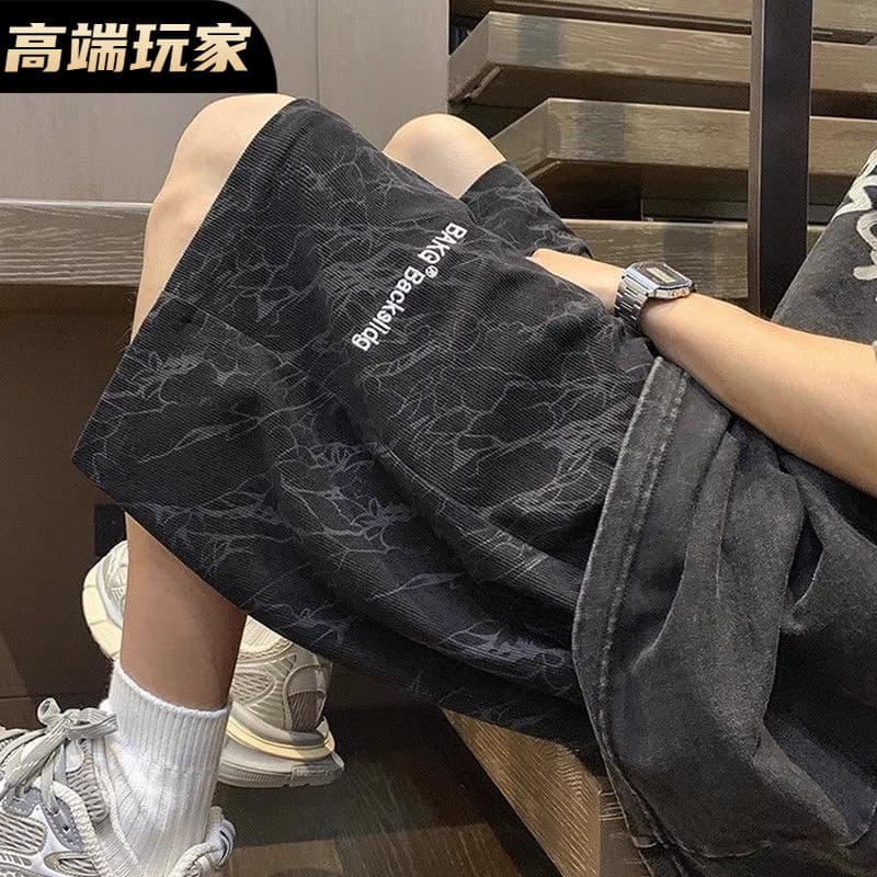 Summer loose shorts, casual sports pants, American tie-dye embroidered quarter pants, men's medium pants, large pants for boys 2