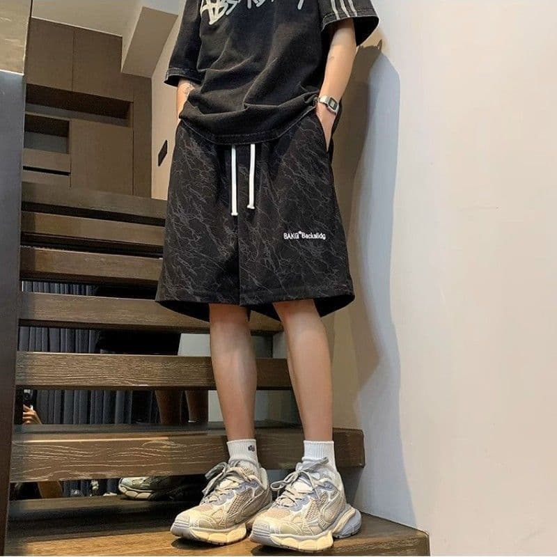 Summer loose shorts, casual sports pants, American tie-dye embroidered quarter pants, men's medium pants, large pants for boys 4