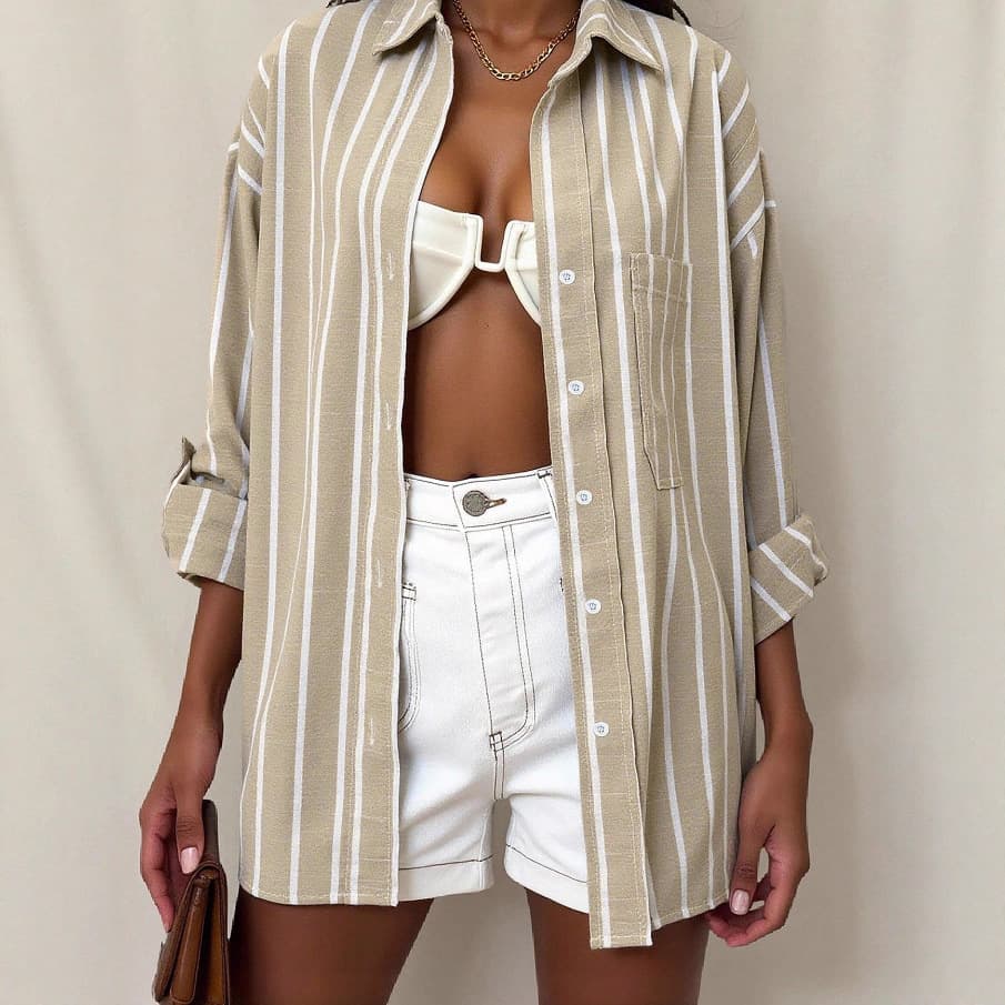2025 Summer New French Commuting Style Striped Shirt Women's Mid-Sleeve Khaki Shirt Top Fashionable and Versatile 3
