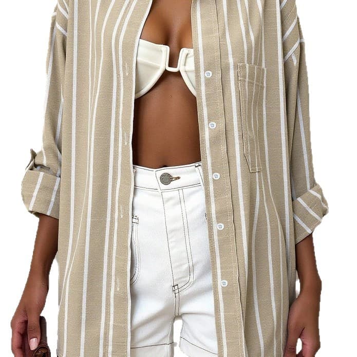 2025 Summer New French Commuting Style Striped Shirt Women's Mid-Sleeve Khaki Shirt Top Fashionable and Versatile 6