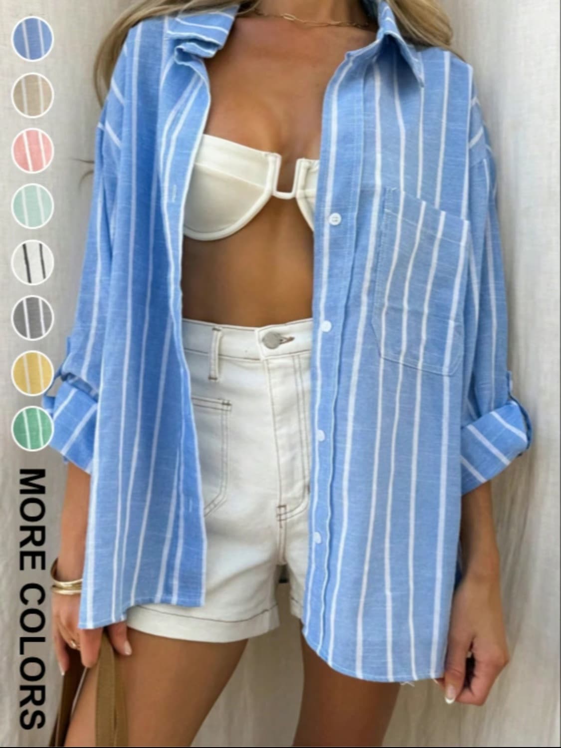 2025 Summer New French Commuting Style Striped Shirt Women's Mid-Sleeve Khaki Shirt Top Fashionable and Versatile 9