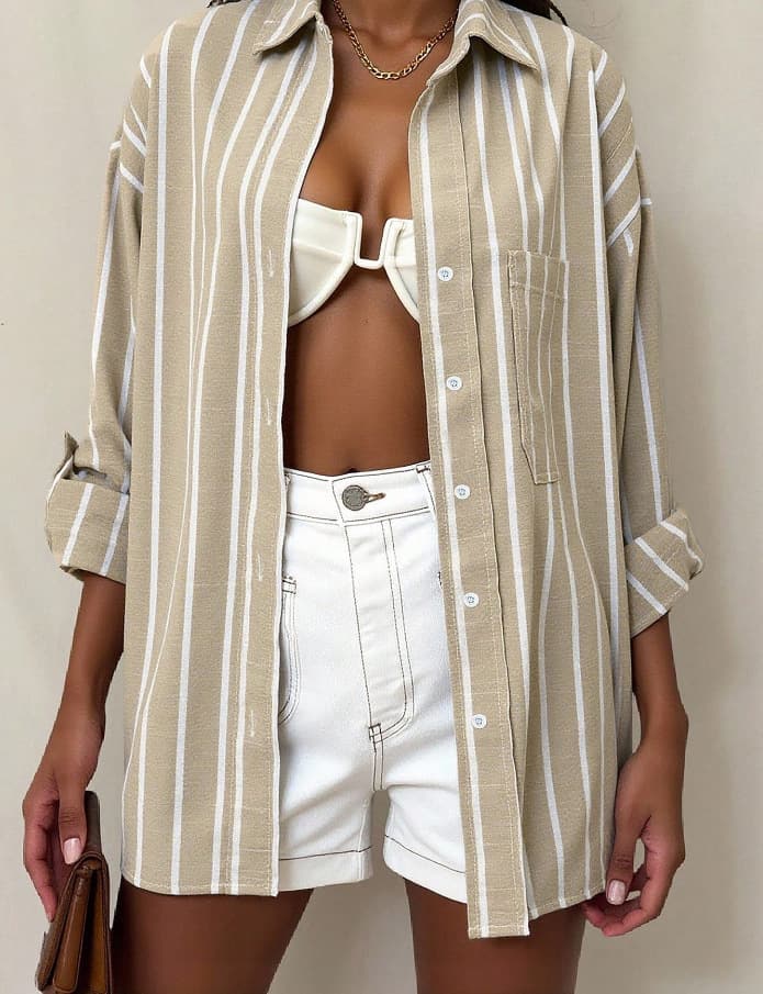2025 Summer New French Commuting Style Striped Shirt Women's Mid-Sleeve Khaki Shirt Top Fashionable and Versatile 10
