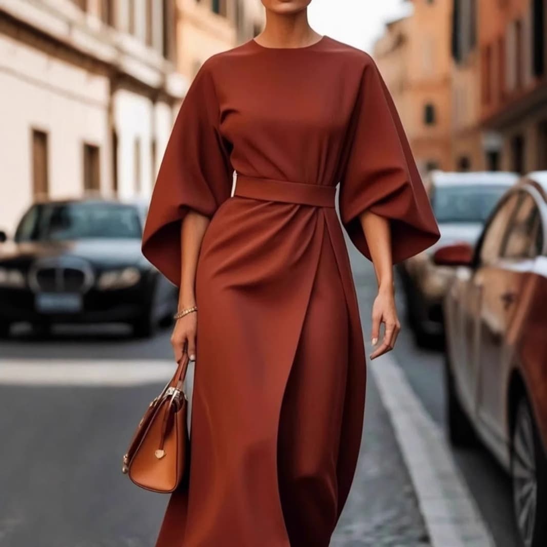 2026 foreign trade women's clothing European and American cross-border fashion temperament elegant solid color waist dress casual bat sleeve long skirt