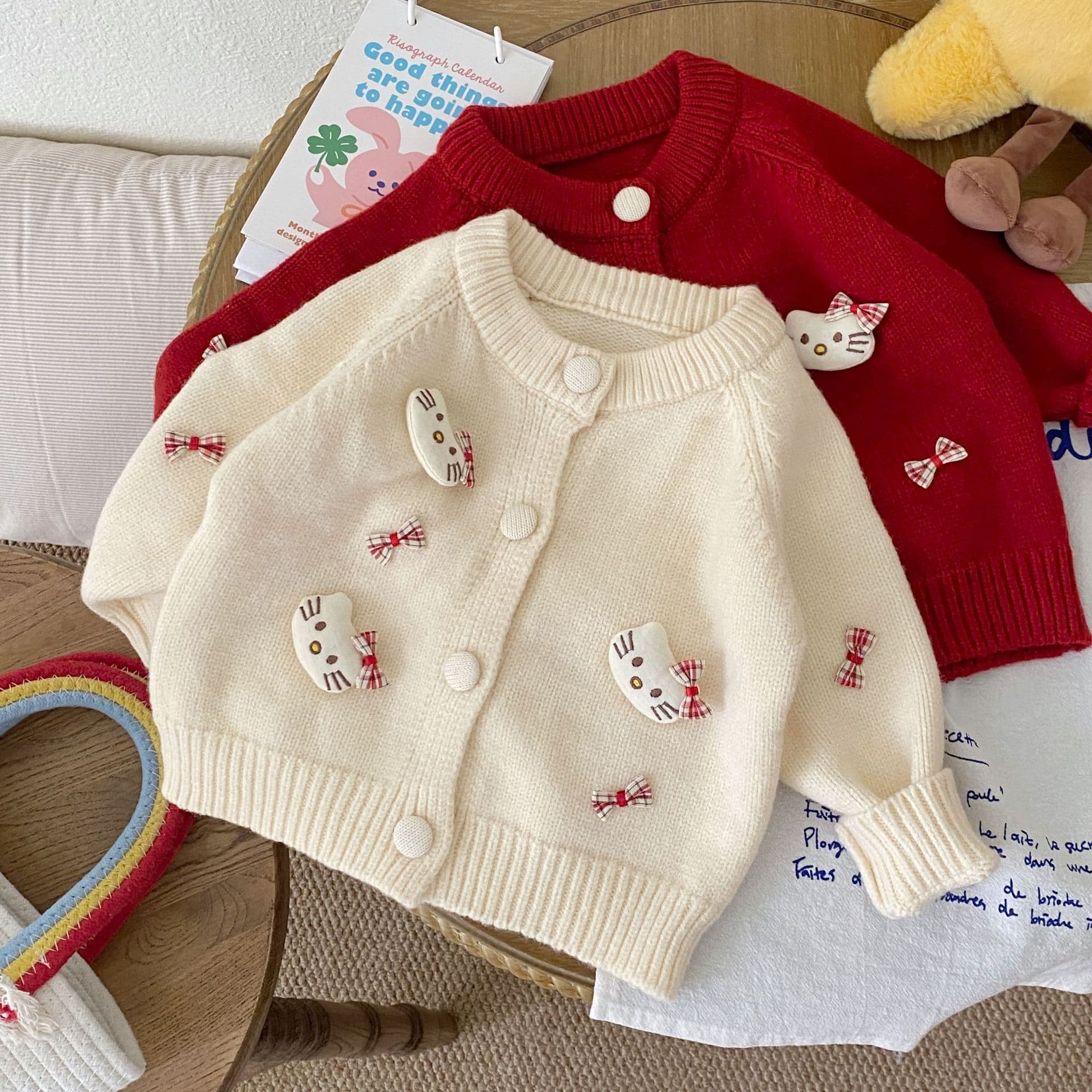 2025 Baby Girls Children's Clothing Cute Knitted Sweater Cartoon Cat Fashionable Single Breasted Autumn and Winter Cardigan Jacket 2