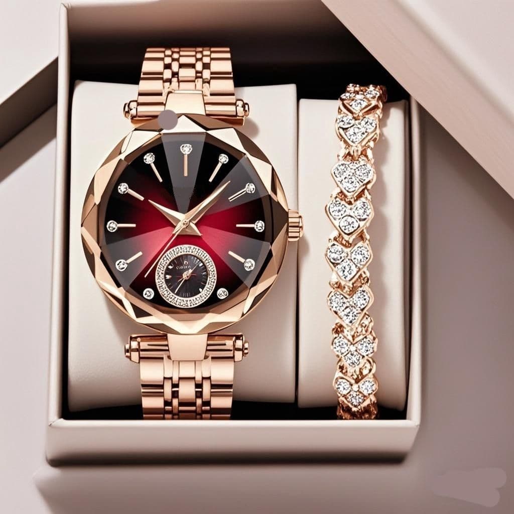 Cross-border hot-selling steel band watch features spire glass gradient diamond face ladies business accessories set quartz watch 3