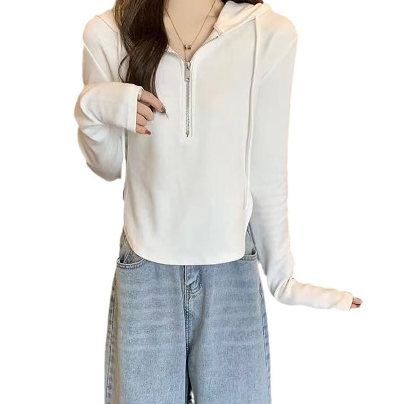 Hooded sweatshirt women's long-sleeved autumn new Korean style large size slim short zipper versatile slim top for women 5