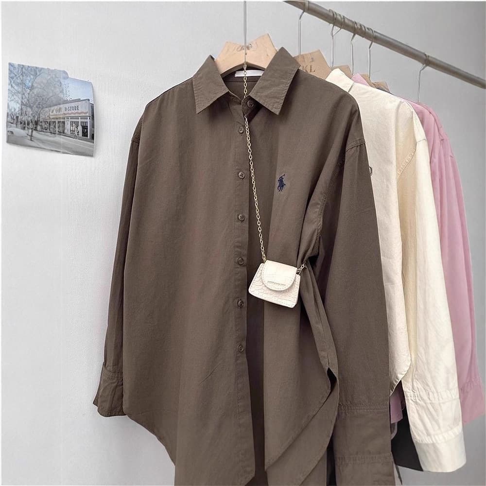 Pony embroidered shirt for women loose Korean style simple high-end design commuting shirt fashionable casual long-sleeved top 5