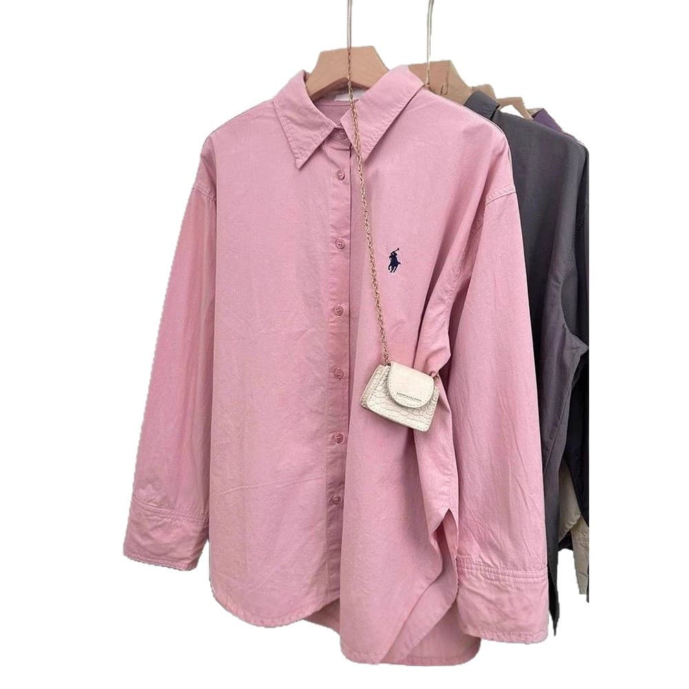 Pony embroidered shirt for women loose Korean style simple high-end design commuting shirt fashionable casual long-sleeved top 6
