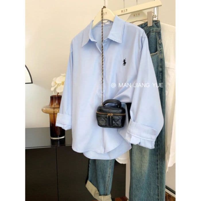 Pony embroidered shirt for women loose Korean style simple high-end design commuting shirt fashionable casual long-sleeved top 7