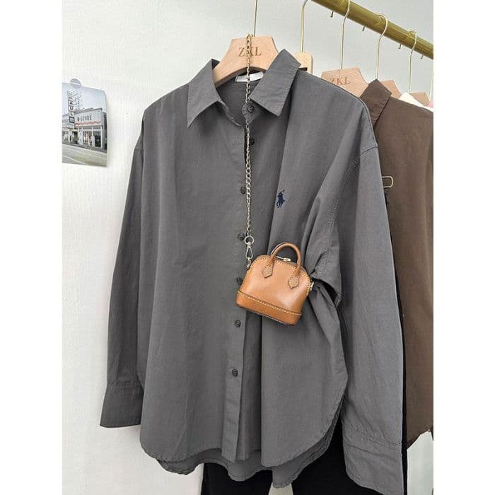 Pony embroidered shirt for women loose Korean style simple high-end design commuting shirt fashionable casual long-sleeved top 8