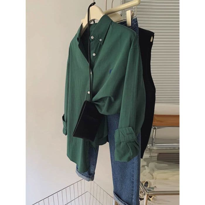 Pony embroidered shirt for women loose Korean style simple high-end design commuting shirt fashionable casual long-sleeved top 10