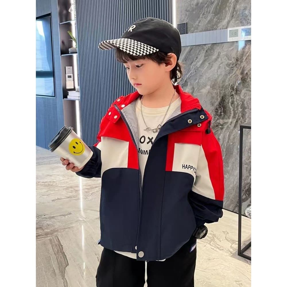 Boys' coats, spring and autumn fashionable patchwork windbreakers, windproof jackets, trendy tops, handsome middle-aged and older children's trendy jackets