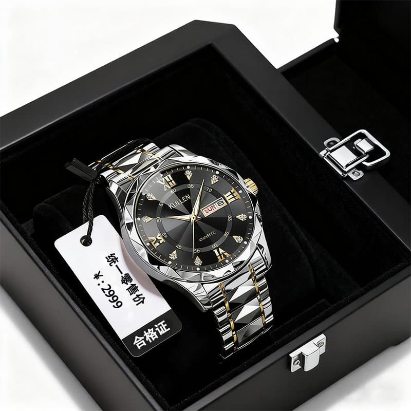 Double calendar new men's business watch, high-end temperament, diamond-set large dial, luminous quartz watch, men's watch 3