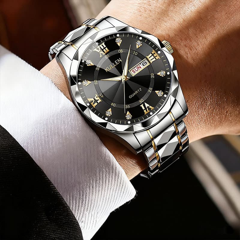 Double calendar new men's business watch, high-end temperament, diamond-set large dial, luminous quartz watch, men's watch 4