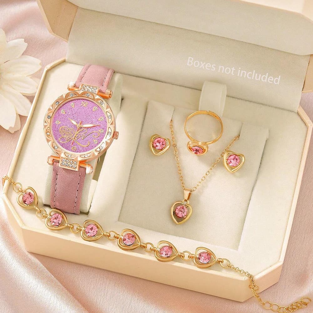 Cross-border hot model diamond dial watch for women light luxury niche quartz watch bracelet set PU leather strap watch 3