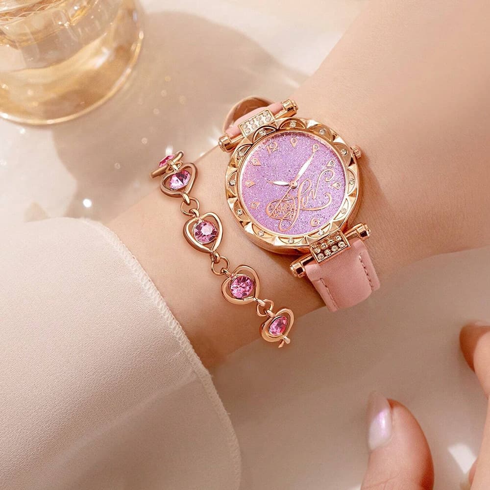 Cross-border hot model diamond dial watch for women light luxury niche quartz watch bracelet set PU leather strap watch 4