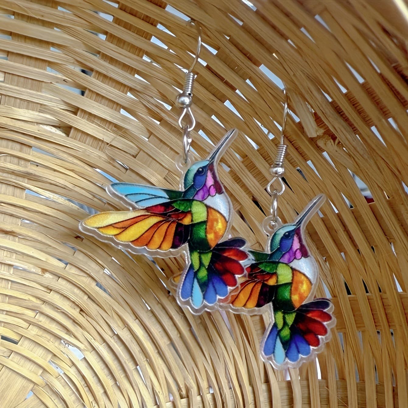 Pair of Bohemian Vintage Hummingbird Earrings - Lightweight Acrylic Drop Earrings with Gold Hooks, Colorful 3