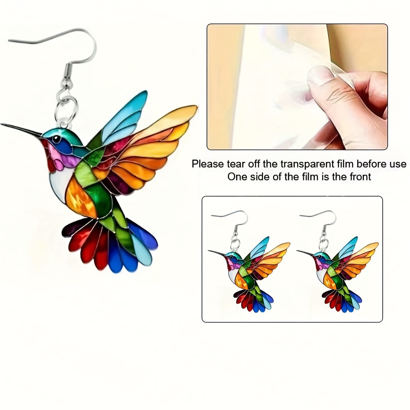 Pair of Bohemian Vintage Hummingbird Earrings - Lightweight Acrylic Drop Earrings with Gold Hooks, Colorful 5