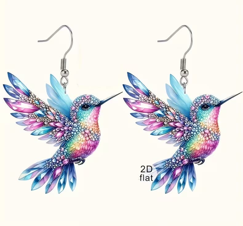 Pair of Bohemian Vintage Hummingbird Earrings - Lightweight Acrylic Drop Earrings with Gold Hooks, Colorful 7