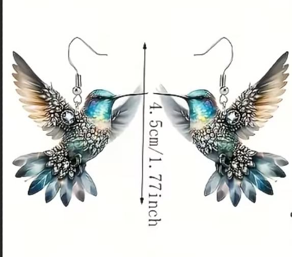 Pair of Bohemian Vintage Hummingbird Earrings - Lightweight Acrylic Drop Earrings with Gold Hooks, Colorful 10