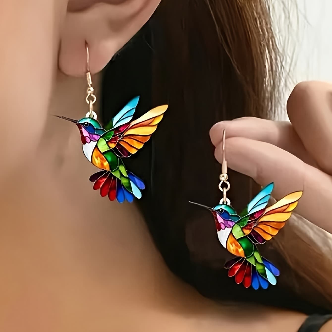 Pair of Bohemian Vintage Hummingbird Earrings - Lightweight Acrylic Drop Earrings with Gold Hooks, Colorful