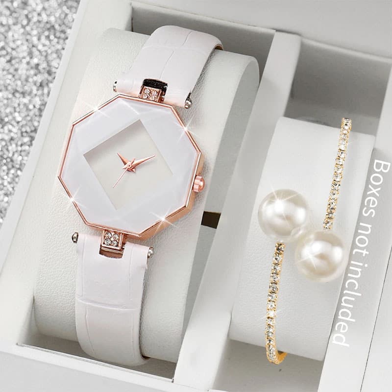2PCS Fashion Women's Watch Casual Leather Strap Analog Quartz Watch Pearl Bracelet Set 2