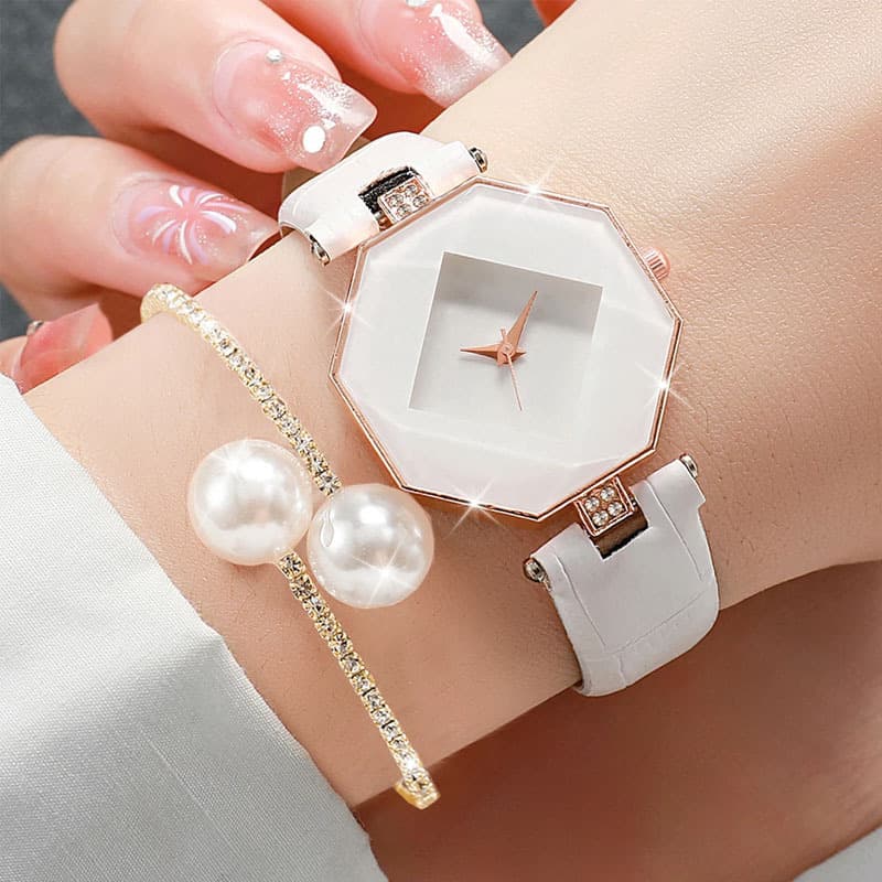 2PCS Fashion Women's Watch Casual Leather Strap Analog Quartz Watch Pearl Bracelet Set 3