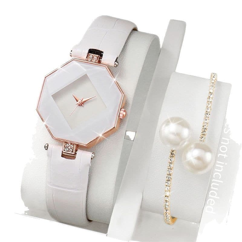 2PCS Fashion Women's Watch Casual Leather Strap Analog Quartz Watch Pearl Bracelet Set 6