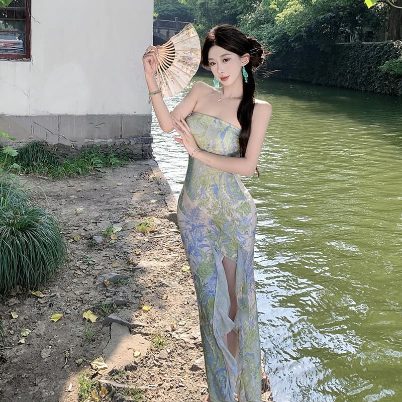 Cross-border retro high-end party banquet dress cheongsam new Chinese style floral beautiful tube top dress for women 4