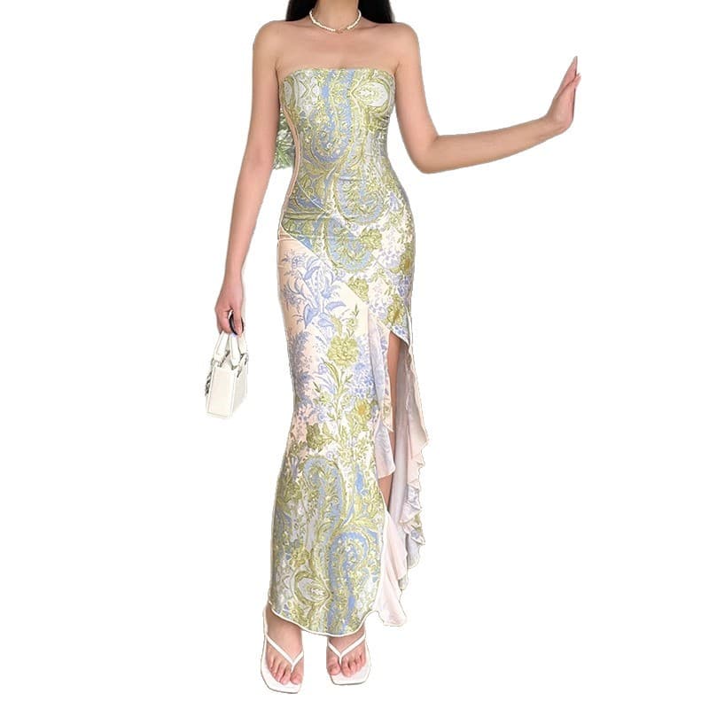 Cross-border retro high-end party banquet dress cheongsam new Chinese style floral beautiful tube top dress for women 6