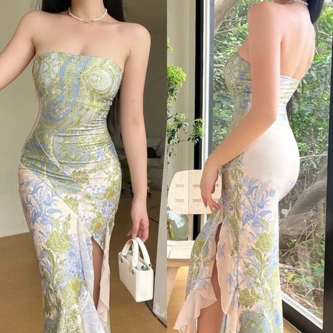 Cross-border retro high-end party banquet dress cheongsam new Chinese style floral beautiful tube top dress for women 7