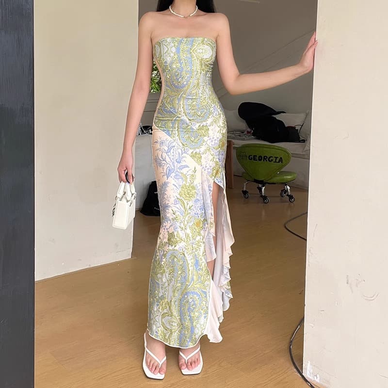 Cross-border retro high-end party banquet dress cheongsam new Chinese style floral beautiful tube top dress for women