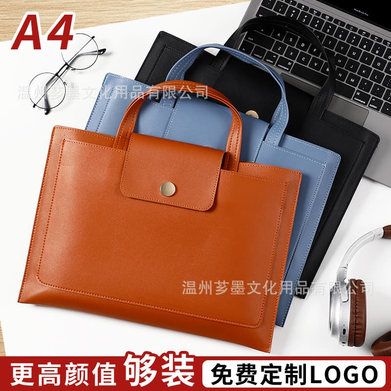 Cross-border a4 leather business document bag portable briefcase conference information bag large capacity file bag custom logo 2