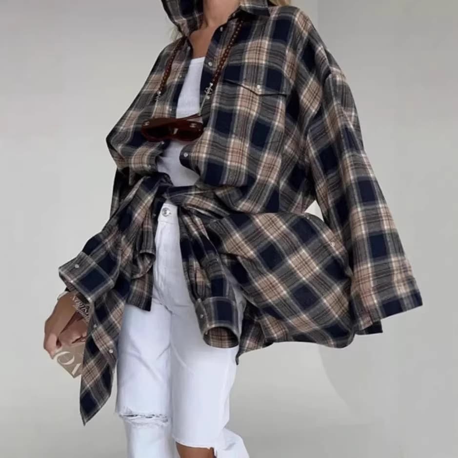Amazon OZON cross-border women's shirt retro style loose 2025 spring autumn winter plaid long-sleeved pocket shirt versatile 3