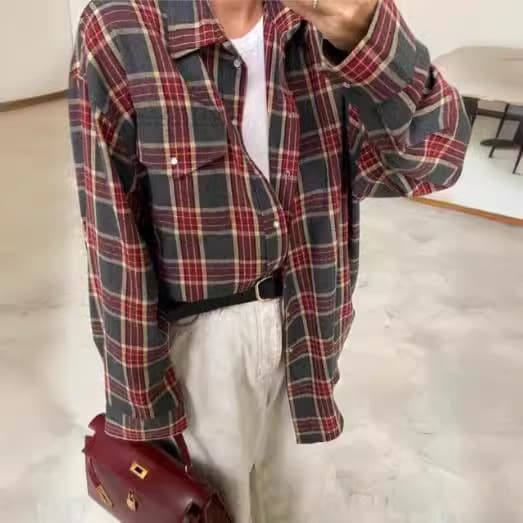 Amazon OZON cross-border women's shirt retro style loose 2025 spring autumn winter plaid long-sleeved pocket shirt versatile 5