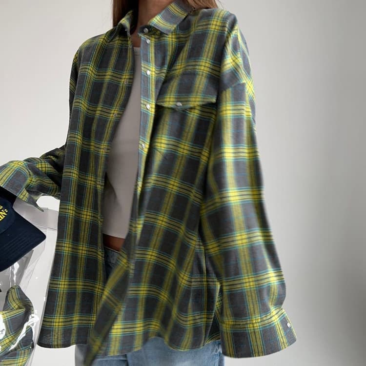 Amazon OZON cross-border women's shirt retro style loose 2025 spring autumn winter plaid long-sleeved pocket shirt versatile 7