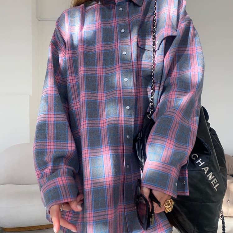 Amazon OZON cross-border women's shirt retro style loose 2025 spring autumn winter plaid long-sleeved pocket shirt versatile 8