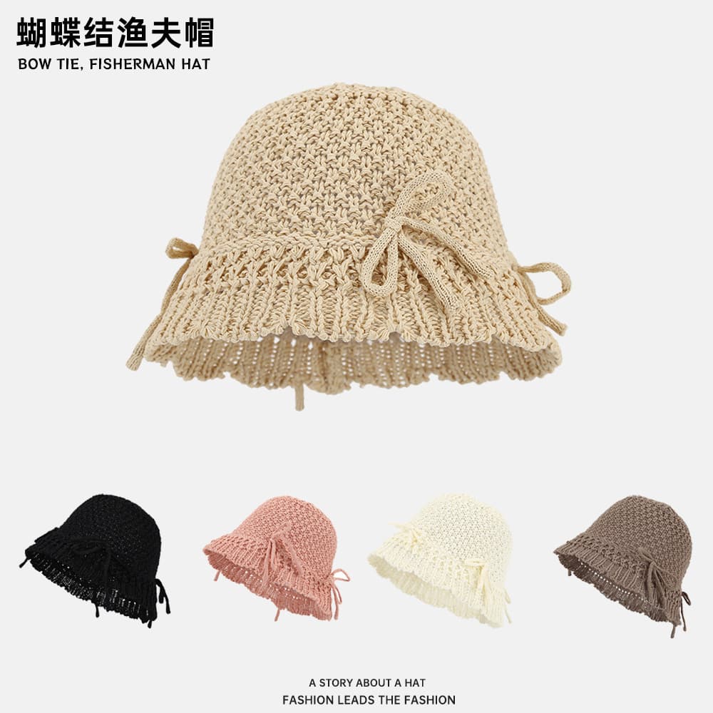Korean accessories versatile plain knitted sunshade bow bucket hollow Japanese casual hat sun protection hat basin hat