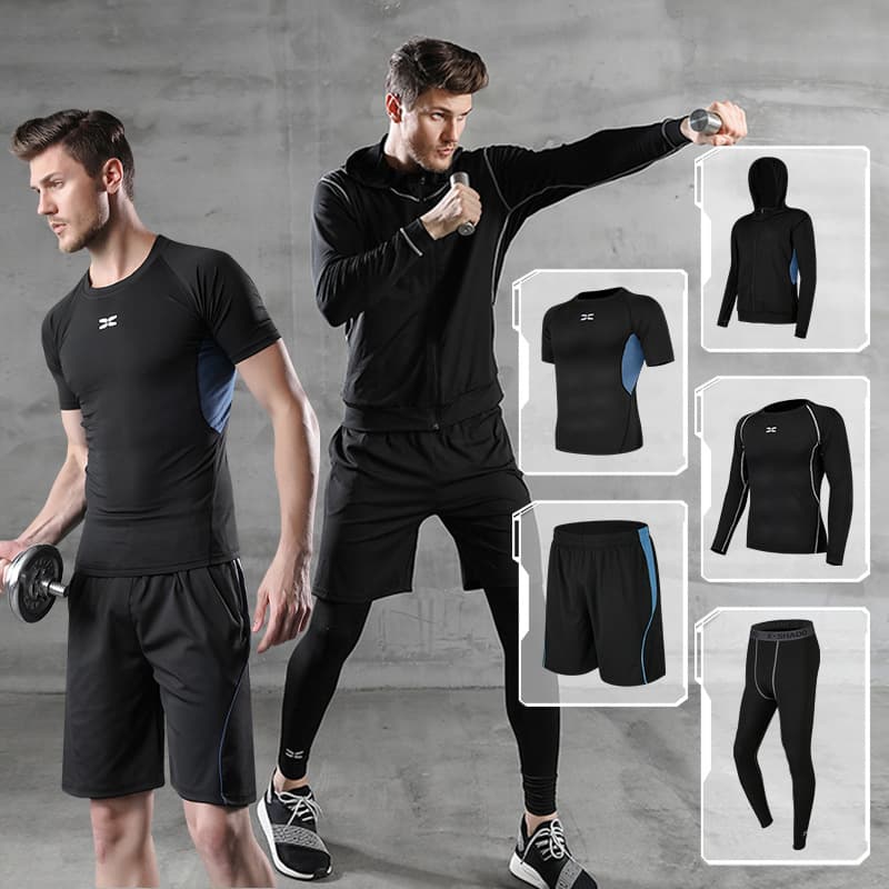 (Cross-border trading), men's black sports suit, set for gym, jacket, sports T-shirt, for running, with short sleeve, plus size