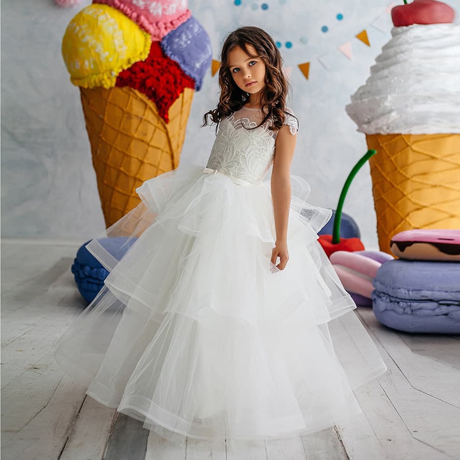 White children's long dress, small princess costume, brand piano performance costume, tulle, Birthday gift 2