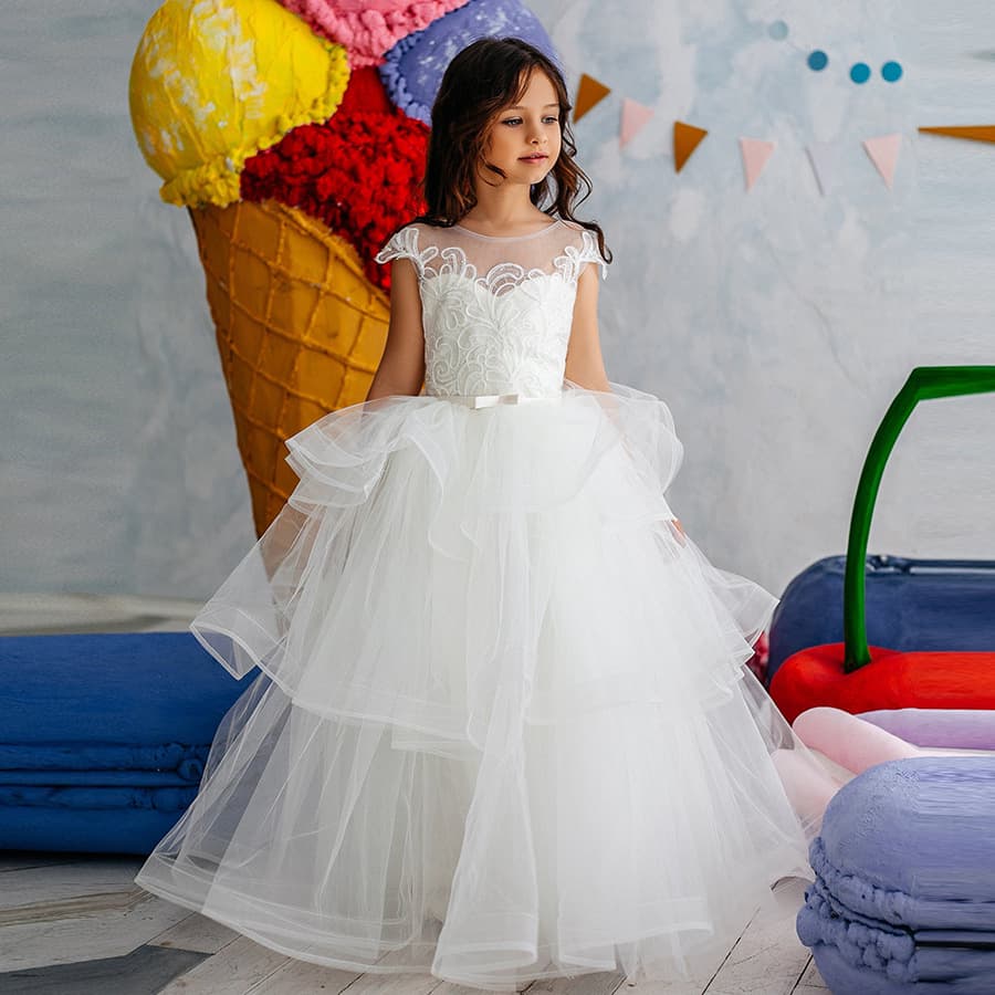 White children's long dress, small princess costume, brand piano performance costume, tulle, Birthday gift