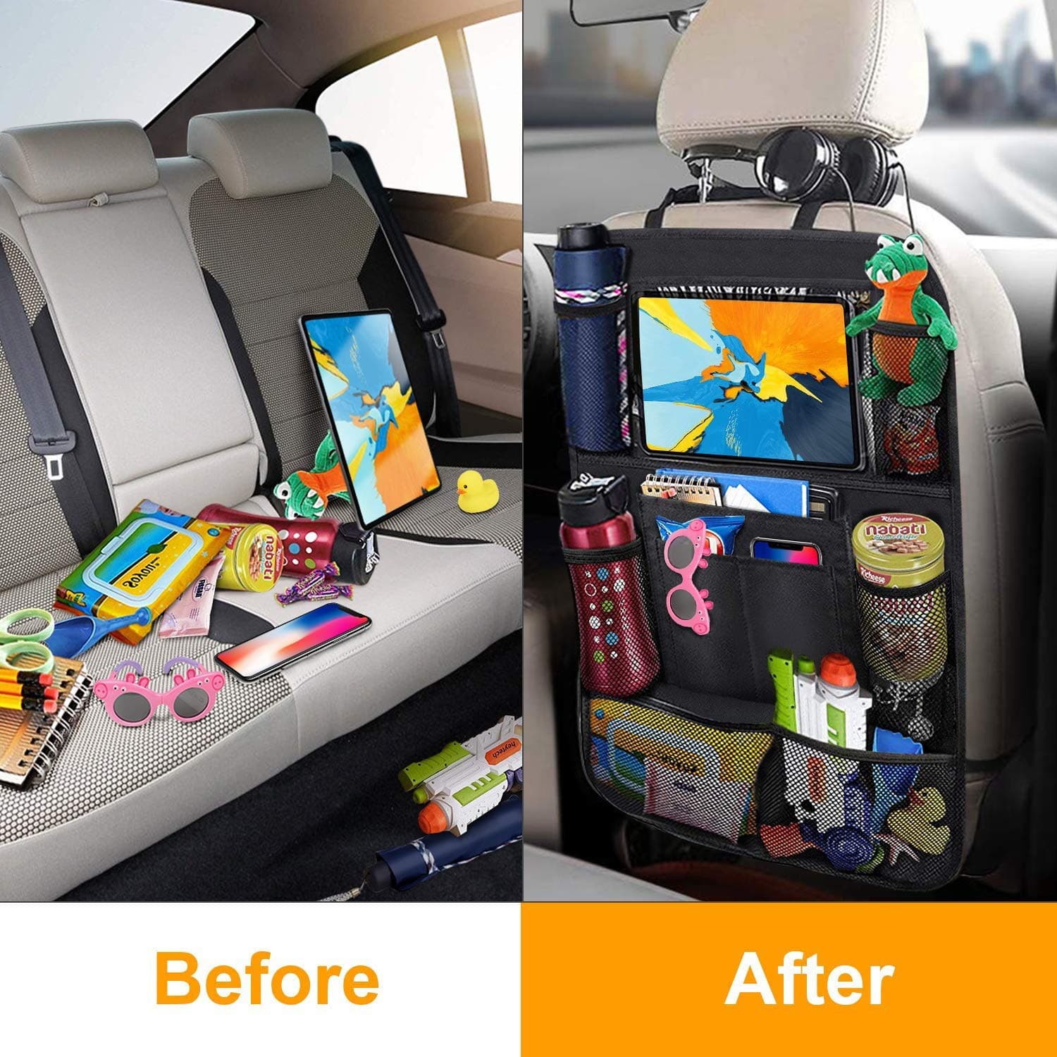 Seat, chair, universal storage bag, storage system, hanging organiser for car, free leg movement 3