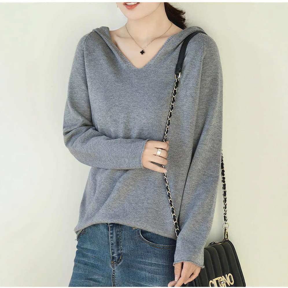Demi-season knitted long-sleeve, base woolen sweater with hood, oversize, V-neckline 2