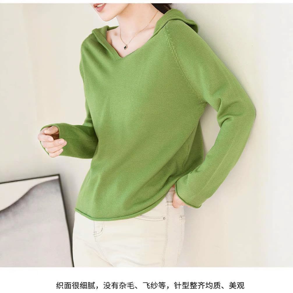 Demi-season knitted long-sleeve, base woolen sweater with hood, oversize, V-neckline 4