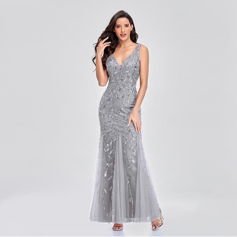 Shiffon sexy evening dress, European style, V-neckline, with embroidery, graduation party