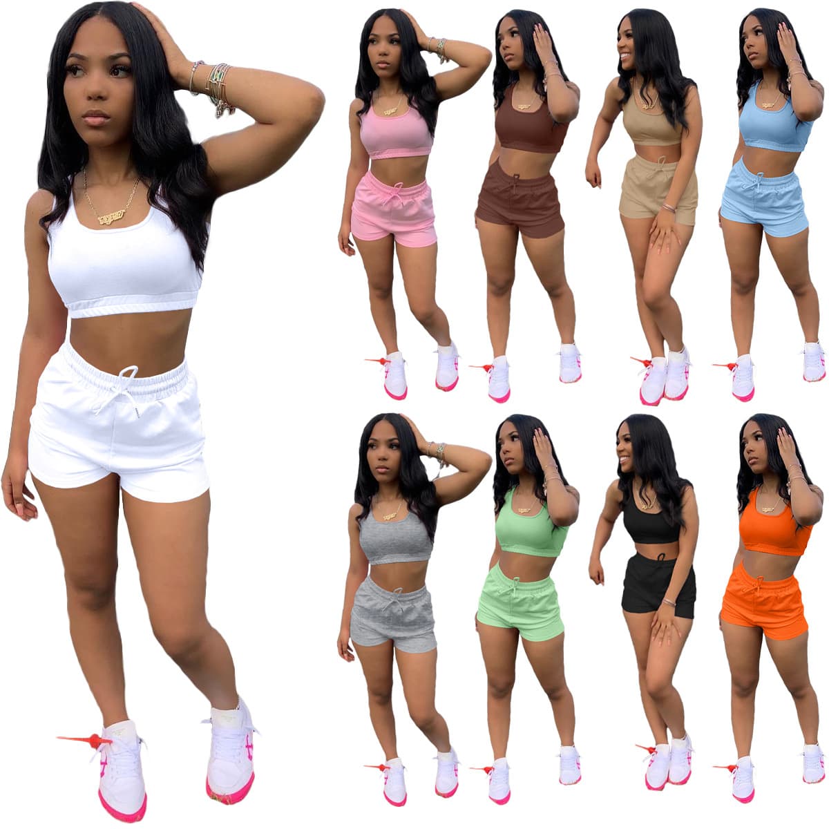 Summer solid set, T-shirt, shorts, European style, Amazon