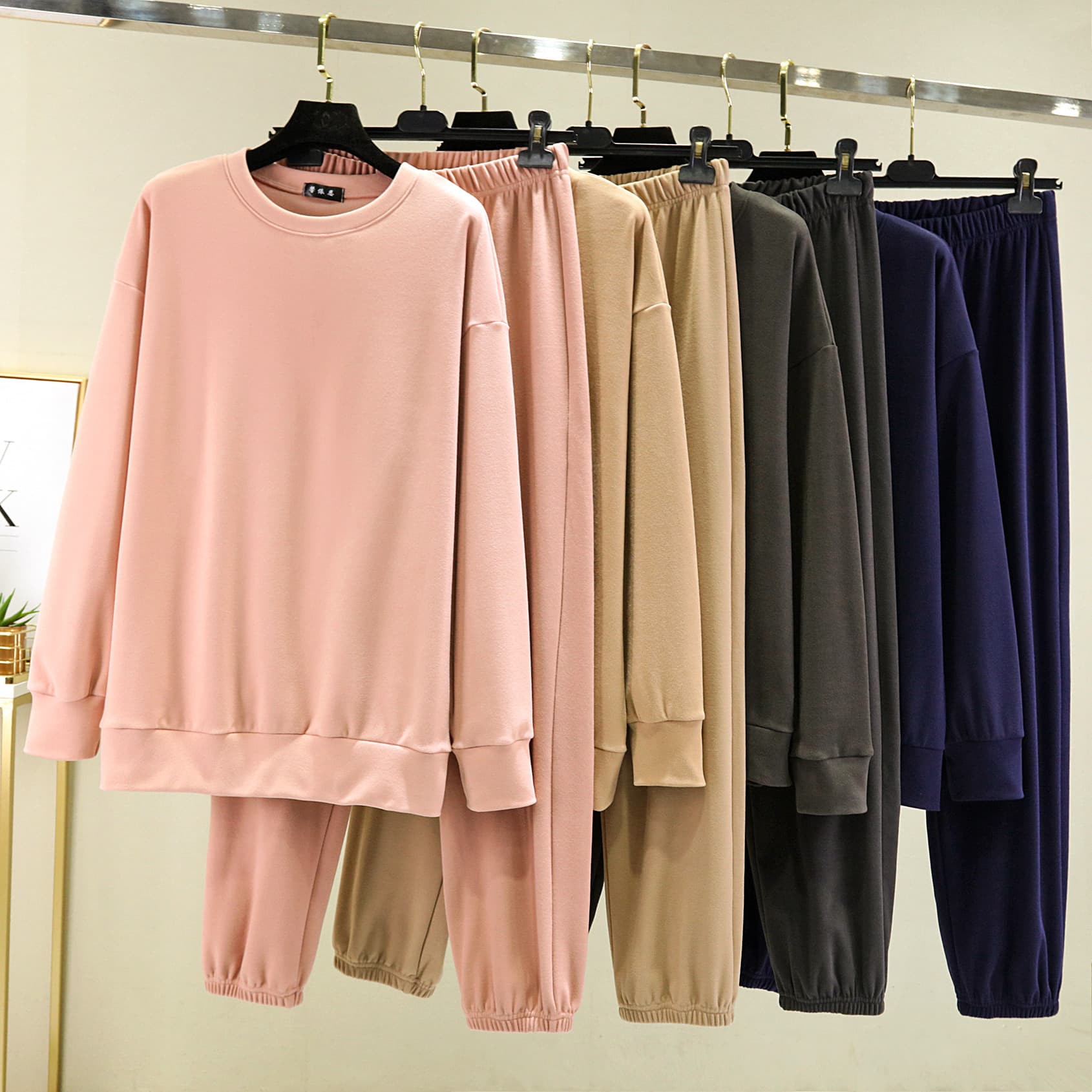 Velvet keep warm autumn demi-season set with a round collar, long-sleeve, trousers, Korean style, increased thickness 2