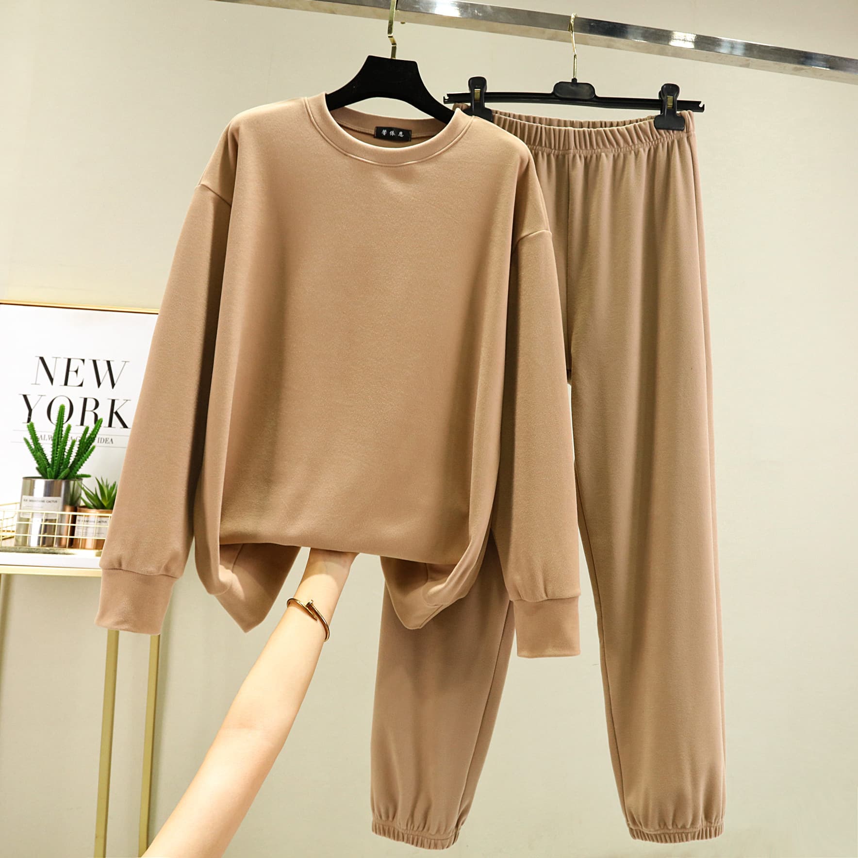 Velvet keep warm autumn demi-season set with a round collar, long-sleeve, trousers, Korean style, increased thickness 3
